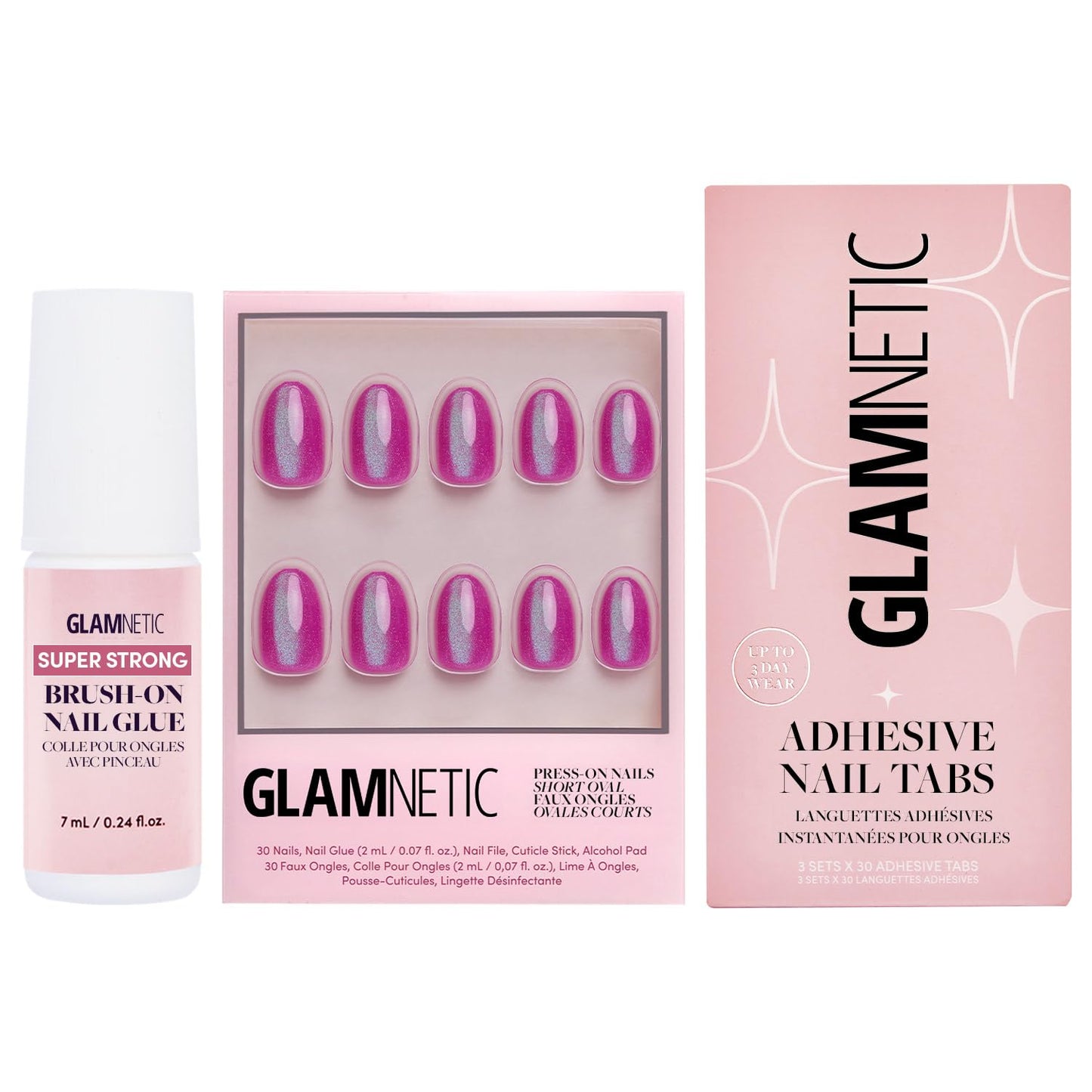 Glamnetic Press-On Nails - Berry Fizz | Super Strong Brush On Nail Glue & Nail Adhesive Tabs | Short Oval, Magenta Nails with Velvet Metallic Finish | 15 Sizes - 30 Nail Kit