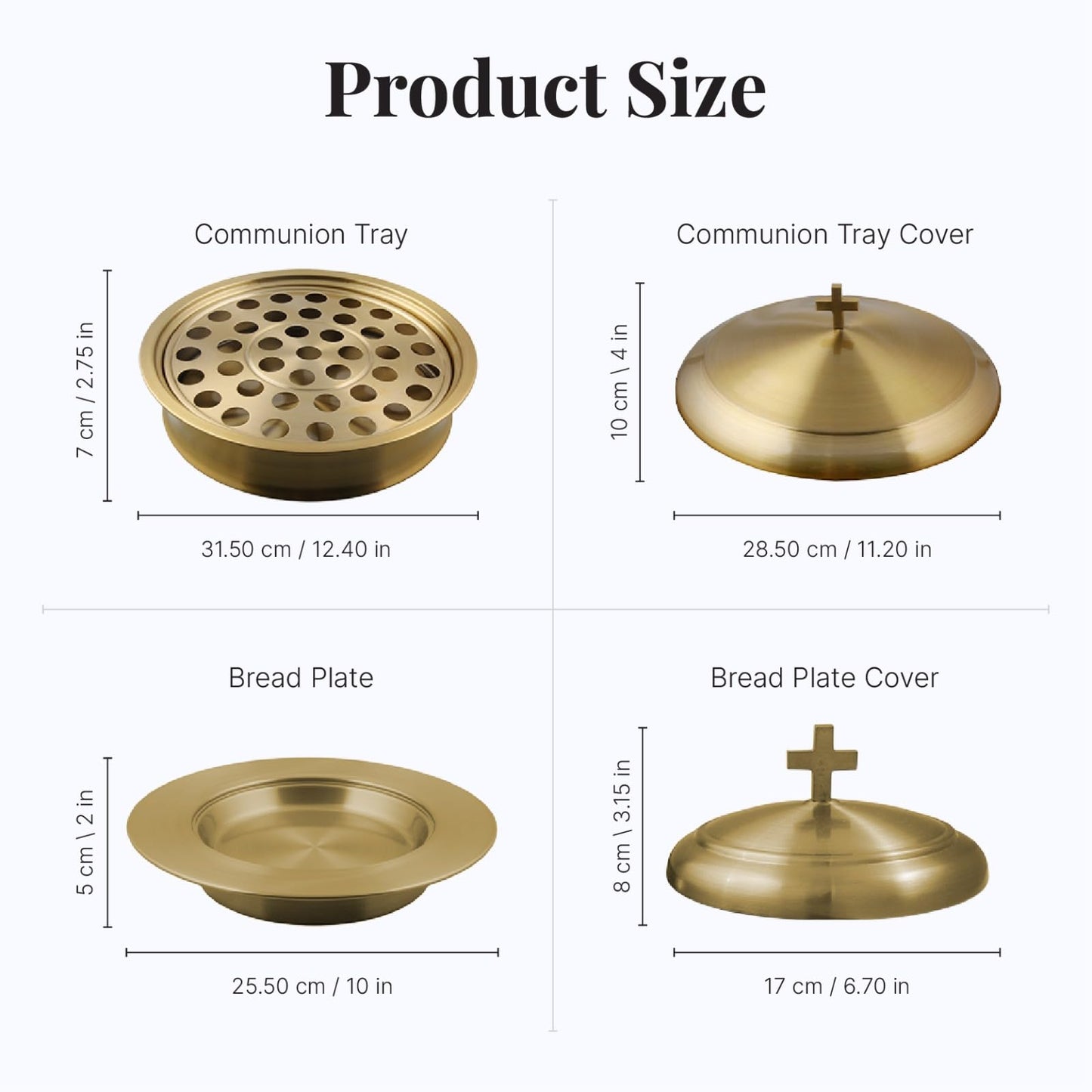 Mayur Exports Communion Ware 2 Holy Wine Serving Trays with A Lid & 1 Stacking Bread Plate with A Lid - Stainless Steel (Brass/Gold)