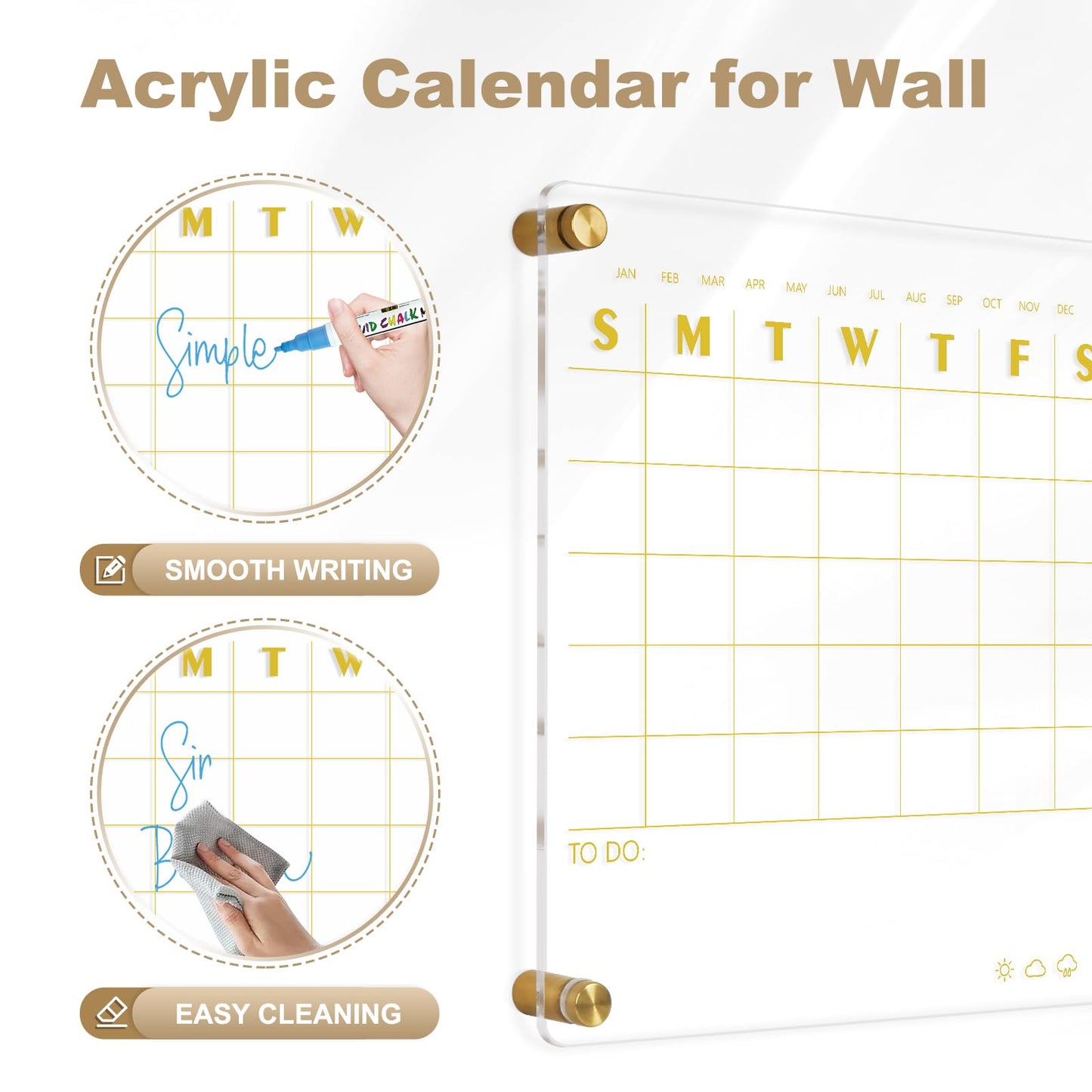 AMUSIGHT Small Acrylic Calendar for Wall, 12" X 14" Golden Clear Acrylic Wall Calendar, Clear Wet & Dry Erase Board Hanging Frameless Weekly Planner for Office, Home or School, 2 Markers