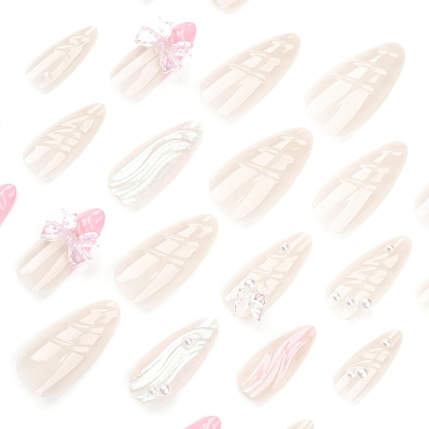 Pink French Press on Nails Almond Fake Nails 3D Pearl Nail Art Design False Nails Glue on Artificial Nails Butterfly Nail Tip Cute Bow Stick on Nail for Women Girls Manicure Set 24Pcs