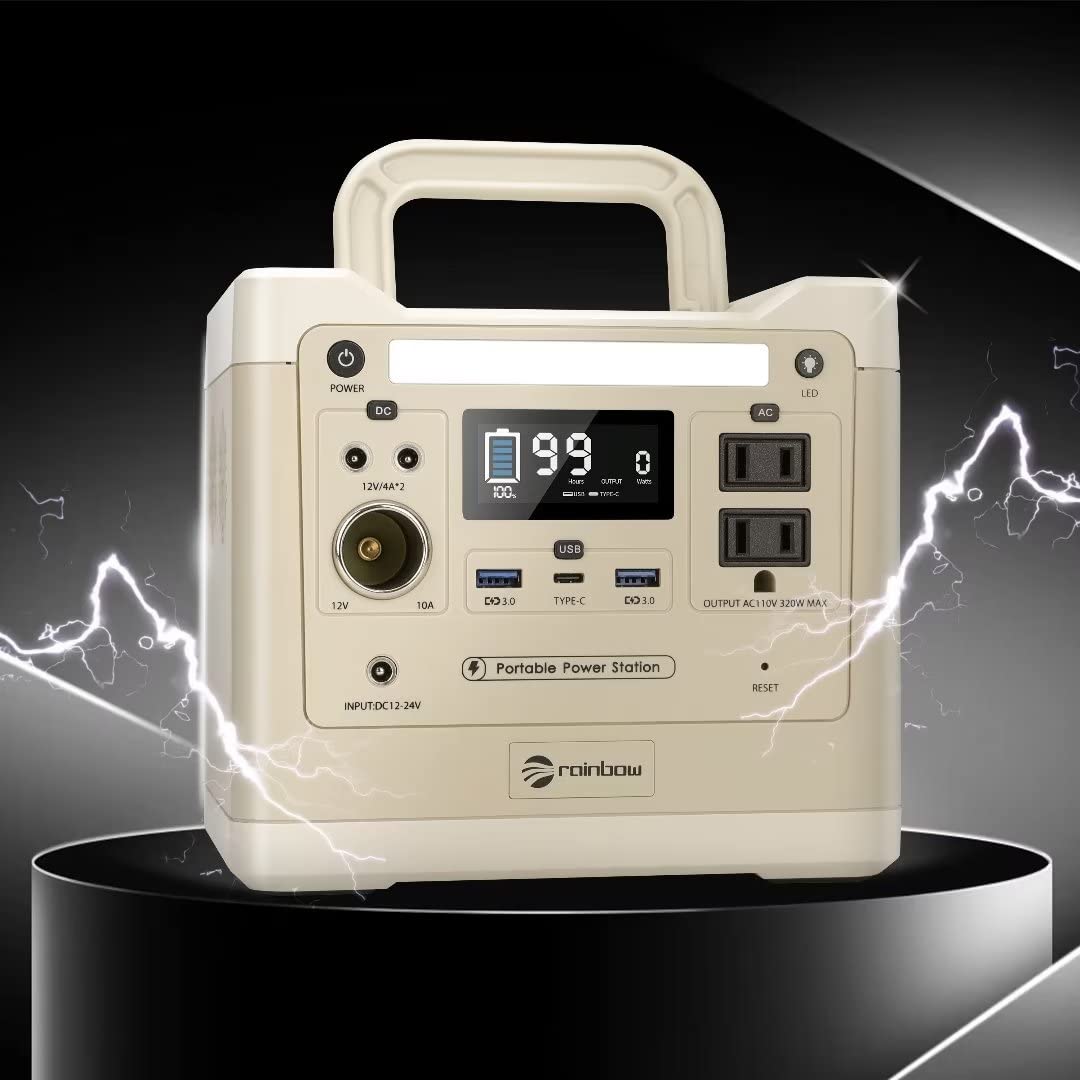 RAINBOW Portable Power Station 320W, 298Wh Backup LiFePO4 Battery, 2 x 110V/320W(Peak 640W) AC Outlets, Solar Generator for Outdoor Camping, Quick Charge for Home, Hiking