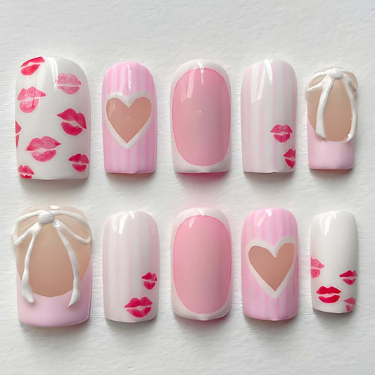 24Pcs Valentines Press on Nails Medium Square Red Lips Heart Fake Nails Bow Stripe Design Glue on Nails Pink Glossy French False Nails for Women Valentine Nail Decoration for Women Gift