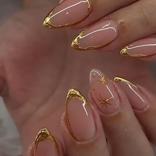 IMRAIN Press on Nails Medium Almond Fake Nails with Gold Line Star Design Gel Acrylic False Nails Full Cover Stick on Nails for Women 24Pcs