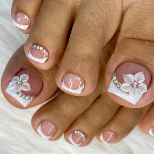 Flower Press on Toenails Short Square Fake Toe Nails White French Tip False Toenails 3D Floral Toe Press on Nails with Rhinestones Design Glossy Pink Acrylic Toe Nails for Women Manicure 24Pcs