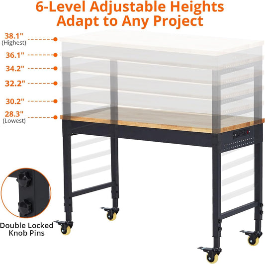 Adjustable Height Workbench 72" x 25" Worktable - Heavy Duty Rubber Wood Top, Mobile Workstation with Power Outlets & Wheels, 2000 Lbs Load Capacity - Ideal for Garage & Workshop, Hardwood Workbench