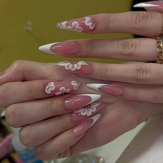 White French Tip Press on Nails - Medium Almond Flower with Rhinestones Design Full Cover Coffin Acrylic Artificial Floral Stick on DIY Glue on Nails for Women - 24 Pcs