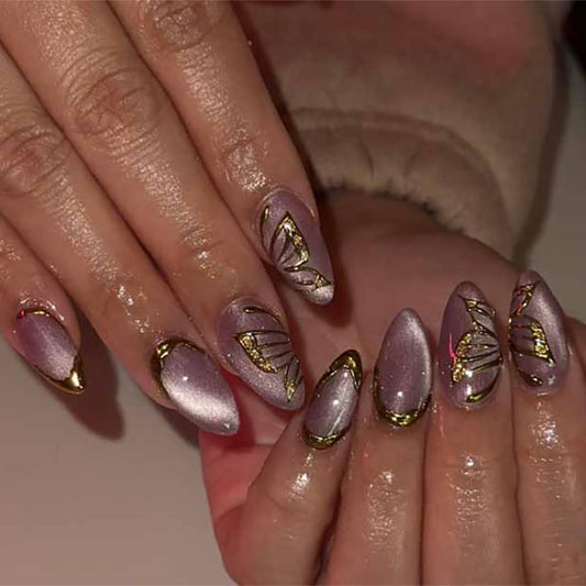Purple Press on Nails whit Gold Butterfly - Medium Almond Fake Nails Cat Eye Nail Press ons Full Cover Glossy Spring Stick on Nails for Women 24PCS