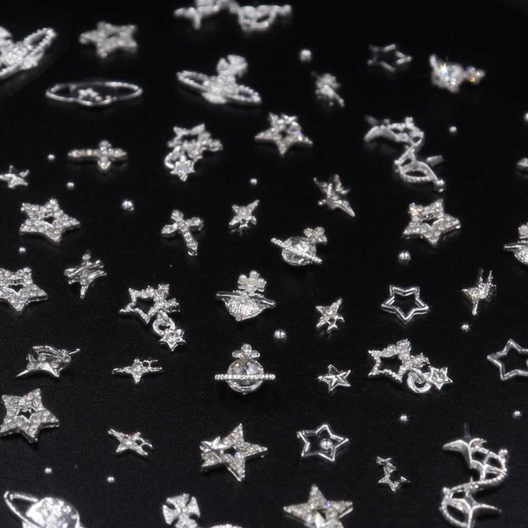 120+ Pcs Star Nail Charms Inlaid Rhinestones Gems, Silver Star Planet Cross Nail Art Decorations Shiny Jewelry for Acrylic Nail Accessories for Women Girl Manicure DlY Crafts Supplies