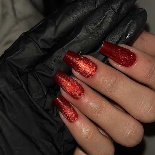 KQueenest Cat Eye Press on Nails Long Medium Square, Glitter Dark Red Fake Nails Press ons Coffin, Press on Acrylic Nails Bling Chrome Glue on Nails for Women Birthday Party Salon Manicure, 30 Pcs
