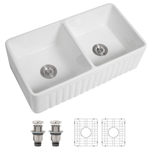 Dcolora 33 In. White Fireclay Farmhouse Sink Reversible Apron Front Design, 50/50 Double Bowl Ceramic Porcelain Kitchen Sink, 33"W×18"D×10"H #DC-A8871