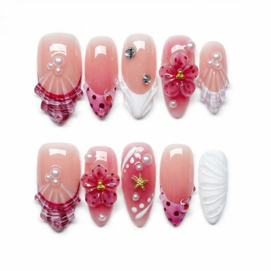 MikaJayboo Medium Almond Handmade Press on Nails Pink Summer Fake Nails with 3D Flower Shell Starfish Pearl for Women Glue on Nails for Daily Vacation 10Pcs(Size M)