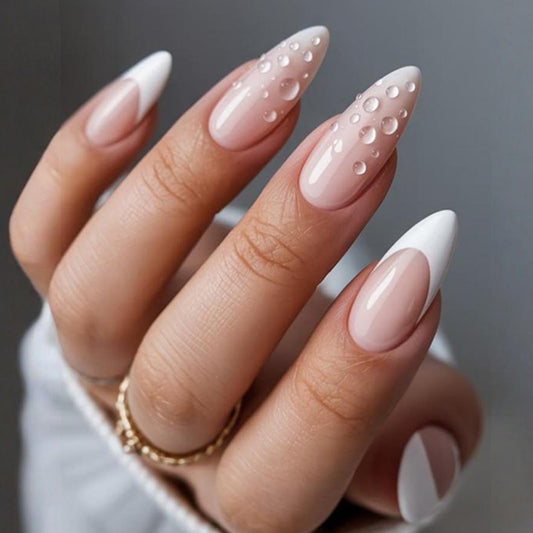 DANMANR Short Press on Nails Almond Waterdrop Fake Nails Full Cover Nude Acrylic French False Nails for Women and Girls 24PCS