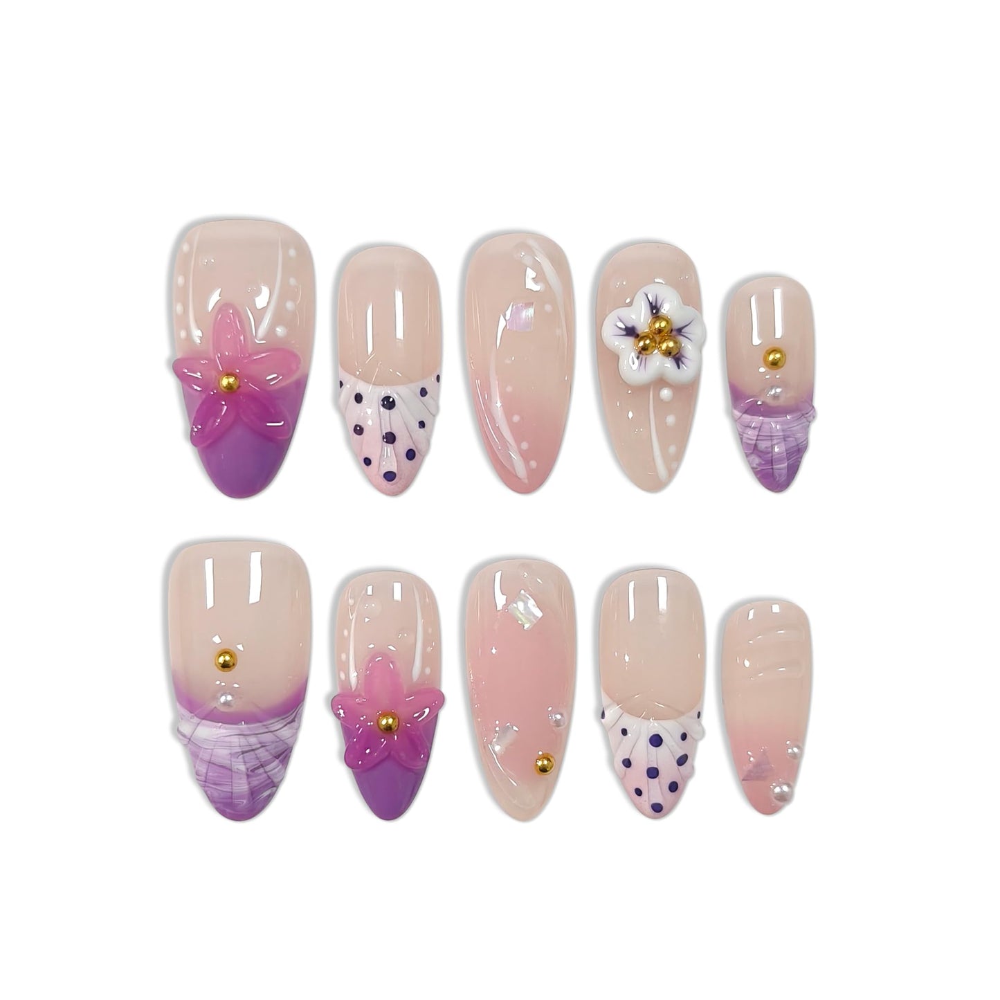 TENPAL Handmade Soft Lilac French Tips Press on Nails Medium Almond with 3D Glitter Floral & Pearl, Handmade & Reusable, Sheer Flattering False Nails for Everyday Summer Wear 10PCS(M)