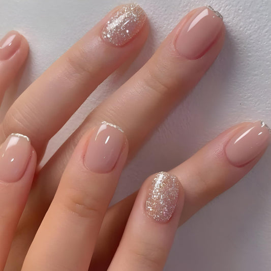French Tip Press on Nails Glitter Petite Short Square Fake Nails Pink Nude Glossy Design Sparkly False Nails Glue on Nails with Full Cover Acrylic Stick for Women Girls Nail Decorations 24Pcs