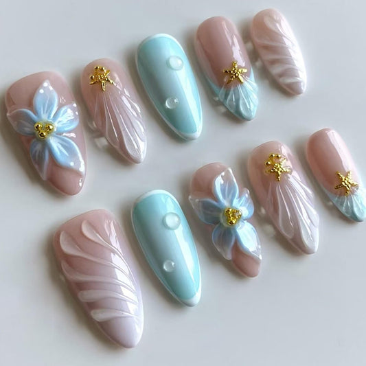 Flower Press on Nails Medium Almond Artificial Acrylic Fake Nails French Blue 3D Floral Starfish with Gold Beads Stick on Nail Full Cover Reusable Coffin Artificial Fingernails for Women Manicure