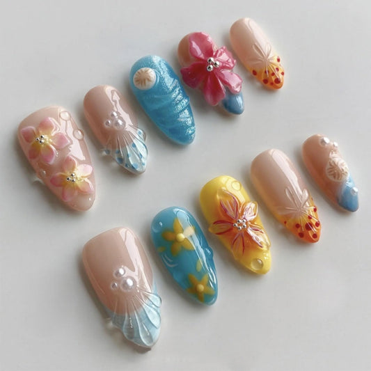 24 Pcs 3D Flower Press on Nails Medium Almond Fake Nails with Pearl Floral Designs Full Cover Glue on Nails Glitter Acrylic Blue and Yellow False Nail for Women