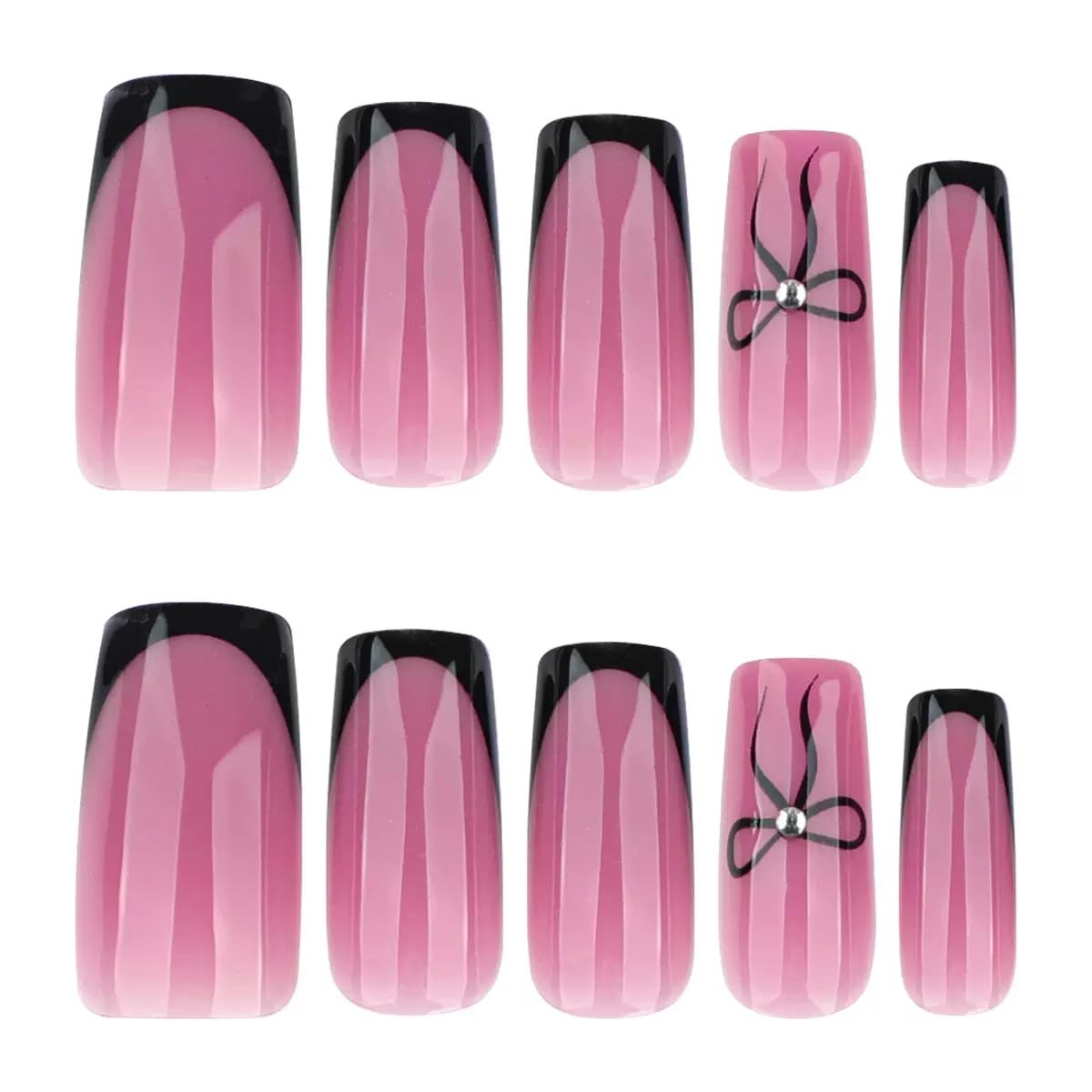CTTHNBD Square Press on Nails Medium - Black French Tip Fake Nails with Bow Design - Nude Pink, Glossy False Nails for Women - 24 Pcs