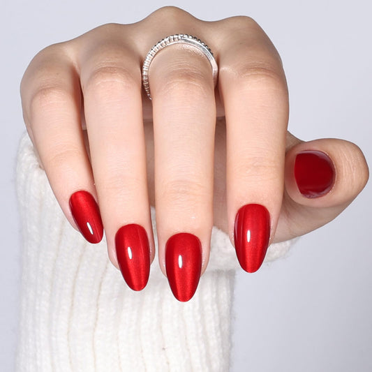 Cherry Red Cat Eye Press on Nails - Short Almond Press On Nails Press Ons for Women Red Fake Nails with Glue, Glossy Reusable Glue on Nail in 16 Sizes - 32pcs