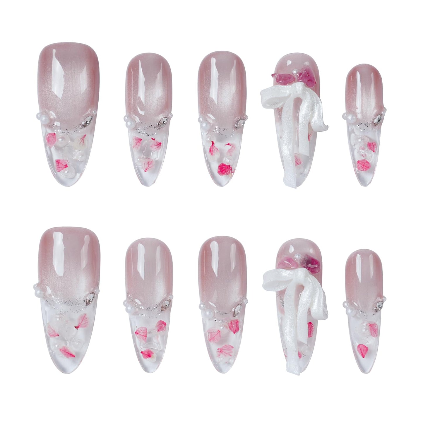 Tesytto Handmade Press On Nails Long Almond, Nude Pink Cat Eye 3D Bow False Nails with Clear Tip Inlaid Tiny Rose Petal Flower for Women (Bridal Blush,M)