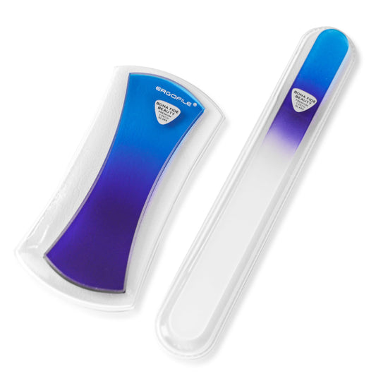 BONA Fide Beauty Glass Nail File Manicure Set, 2-Pieces Blue Ergonomic Comfort Grip Bow Ergofile for Gentle & Efficient Filing, Nail Care Tools Genuine Czech Glass