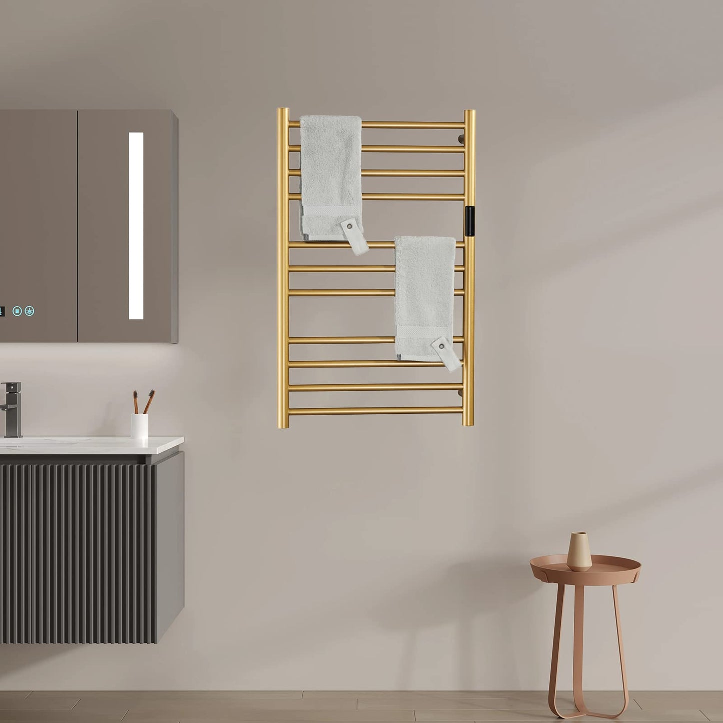 XMGJ Electric Towel Warmers Radiator with Timer Gold, 140W Wall-Mounted & Freestanding Heated Towel Drying Rack with 11 Bars, 304 Stainless Steel Heated Towel Rail for Bathroom, Plug-in