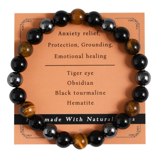 Gracayfr Tiger Eye Black Tourmaline Bracelet Hematite Anxiety Relief Natural Beaded Stone Healing Crystal Spiritual Empath Protection Gemstone Stretch Bead Obsidian