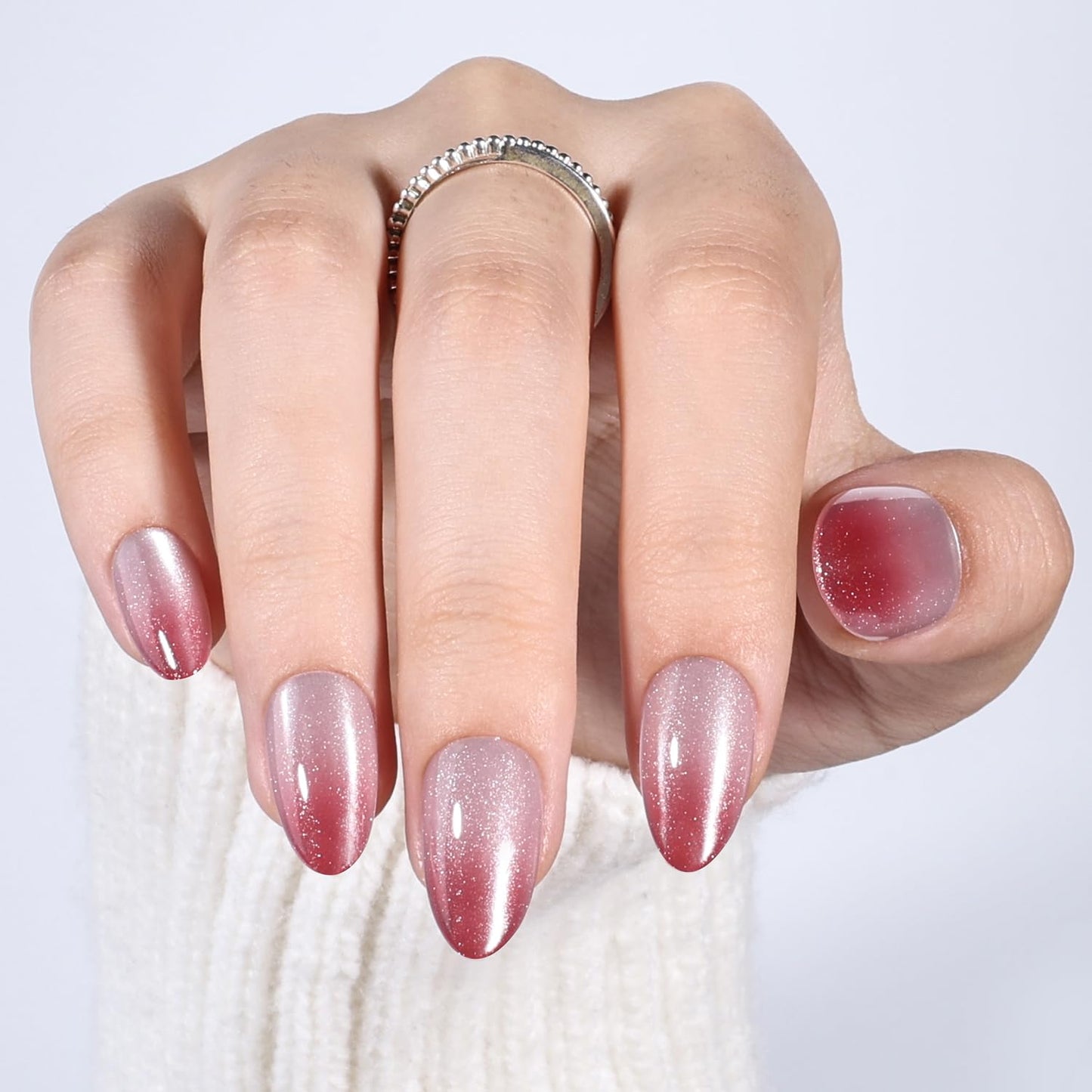 Leefrei Cat Eye Press On Nails Short Almond - Soft Red White Gradient Shimmer Nails Press ons, Reusable Glue On Nails for Women, 16 Sizes 32 Pieces Nail Kit with Glue, Rose Catseye Fade