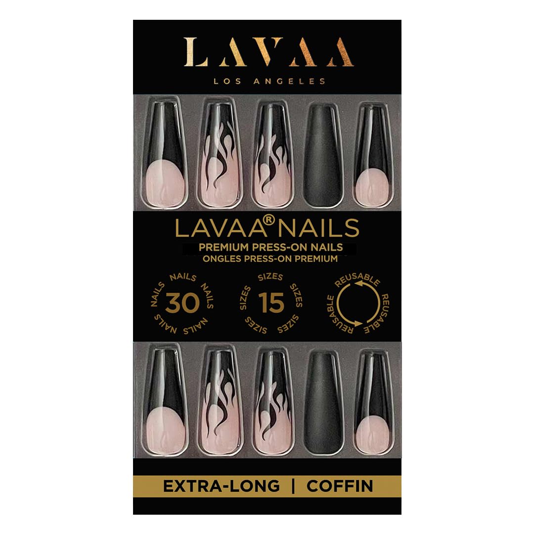 SLAYED Press-On Nails by Lavaa Beauty | Extra-Long Coffin | Black Flame Nail Tips