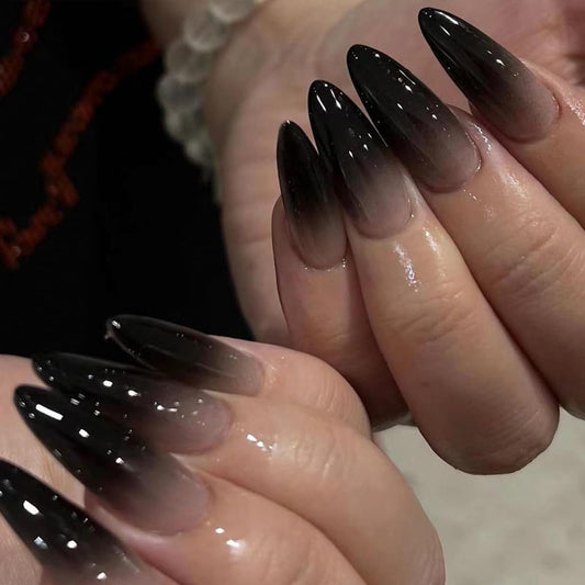 FJSMTOPl Black Press on Nails Almond Fake Nails Press ons Medium False Nails with Designs Ombre Black Acrylic Glue on Nails Halloween Stick on Nails for Women Nail Art Decoration 24Pcs