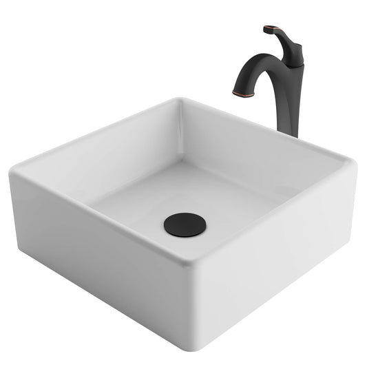 KRAUS Elavo 15-inch Square White Porcelain Ceramic Bathroom Vessel Sink and Arlo Faucet Combo Set with Pop-Up Drain, Oil Rubbed Bronze C-KCV-120-1200ORB