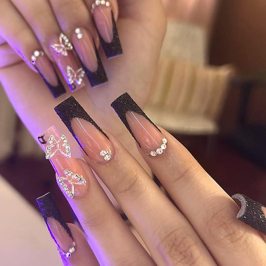 RUPOFUZA Extra Long Press on Nails Black French Tip Glitte Powder Fake False Nails 24Pcs Square with Butterfly Charms Designs Acrylic Nail Press ons Artificial Stick on Nail for Women
