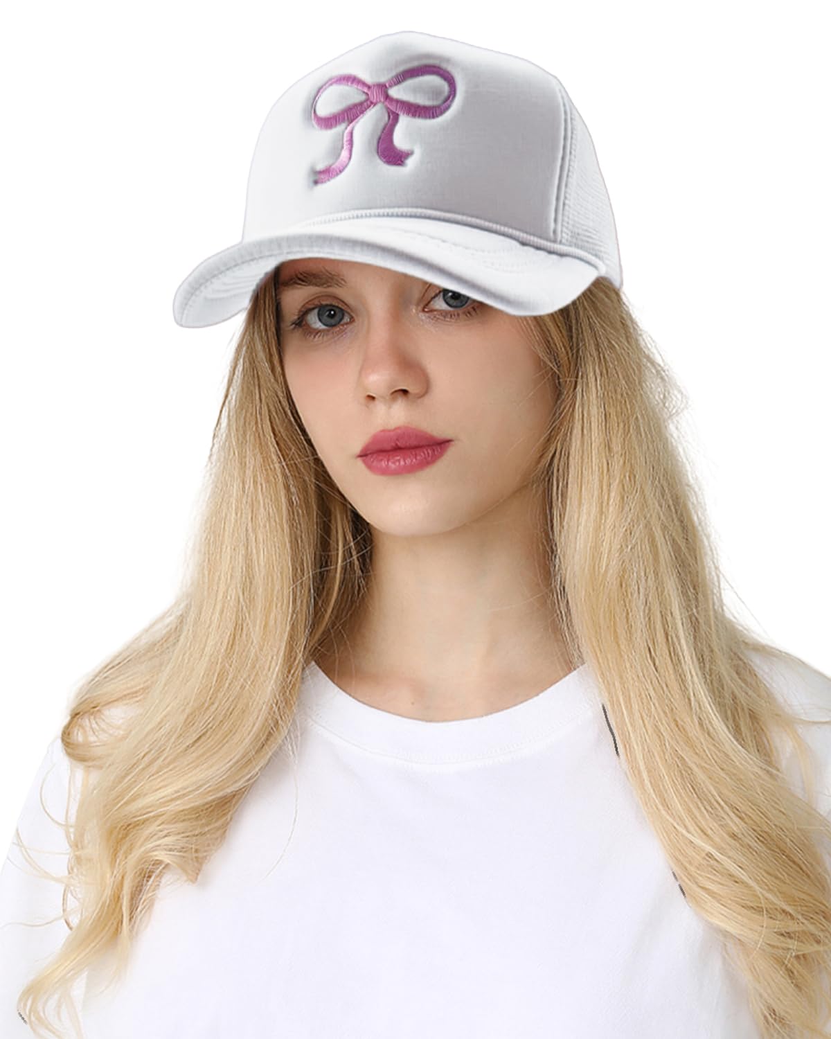 Womens Bowknot Embroidered Trucker Hat Trendy Mesh Baseball Cap Adjustable Snapback Cap Summer Girls Rope Hat
