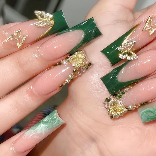 Rchovsam Long Press on Nails Square French Tip Fake Nails with Gold 3D Butterfly Designs False Nails Sparkly Artificial Stick on Nails for Women