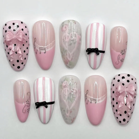 BABALAL Press On Nails, Medium Almond Fake Nails, Pink French Tip, Cat Eye Bling, Polka Dot & Bow Charm, Flower Kawaii Glue On Nails 24Pcs Reusable