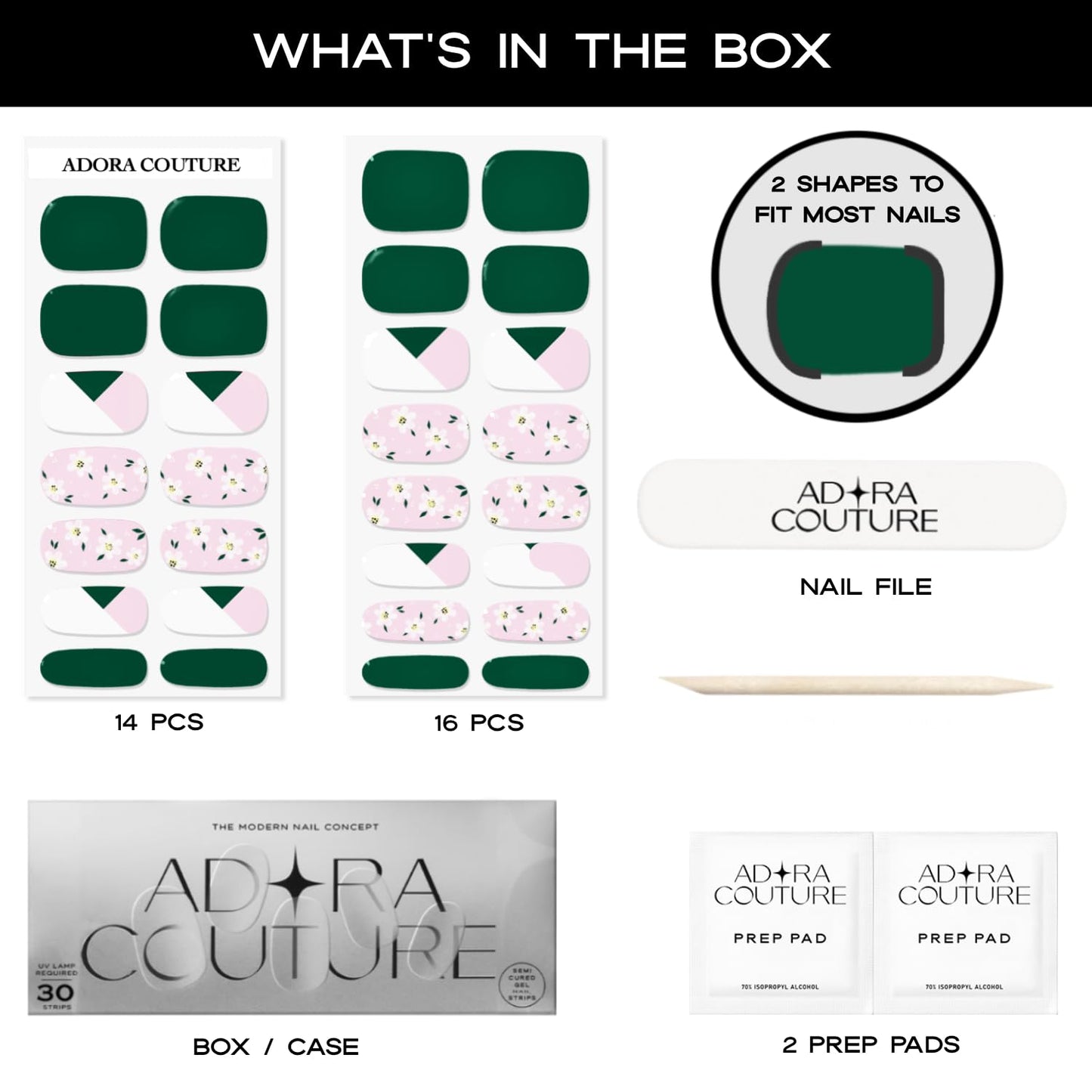 Adora Couture Semi Cured Gel Nail Strips with 30 Pieces, Salon Quality Wraps for Women, Beautiful Deep Green with Floral Accents UV Gel Stickers, UV Light Required, Petal Grove