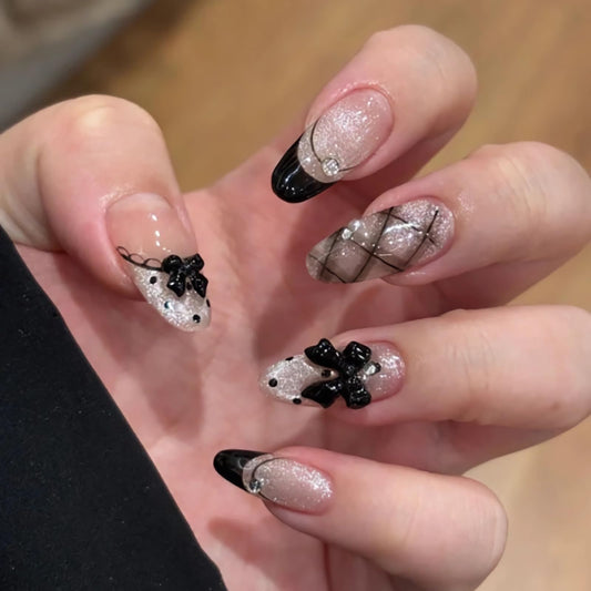 BABALAL Press On Nails, Medium Almond Fake Nails, Black French Tip, Cat Eye Bling Design With Bow Plaid Design, Y2k Kawaii Polka Dot Glue On Nails 24Pcs
