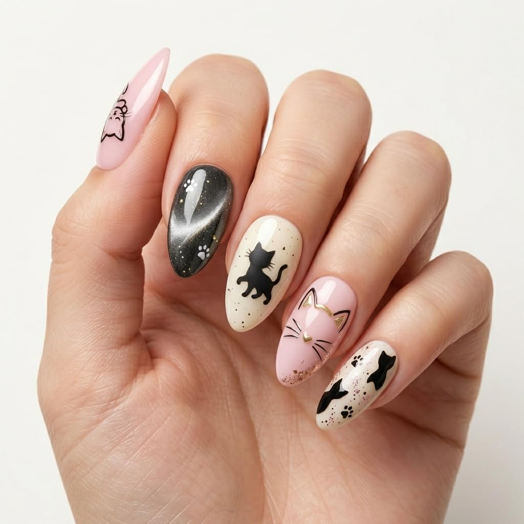 Press On Nails Almond Medium, Handmade Pink Black Cream Acrylic Fake Nails, Cute Cat Paw Print Girly Design, Reusable Glossy, Custom Made to Order