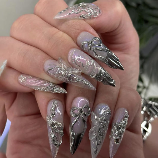 plalely Stiletto Press on Nails Long Silver Fake NailSilver Glitter and Rhinestones Acrylic Nail Press ons Stick on Nails for Women 24pcs