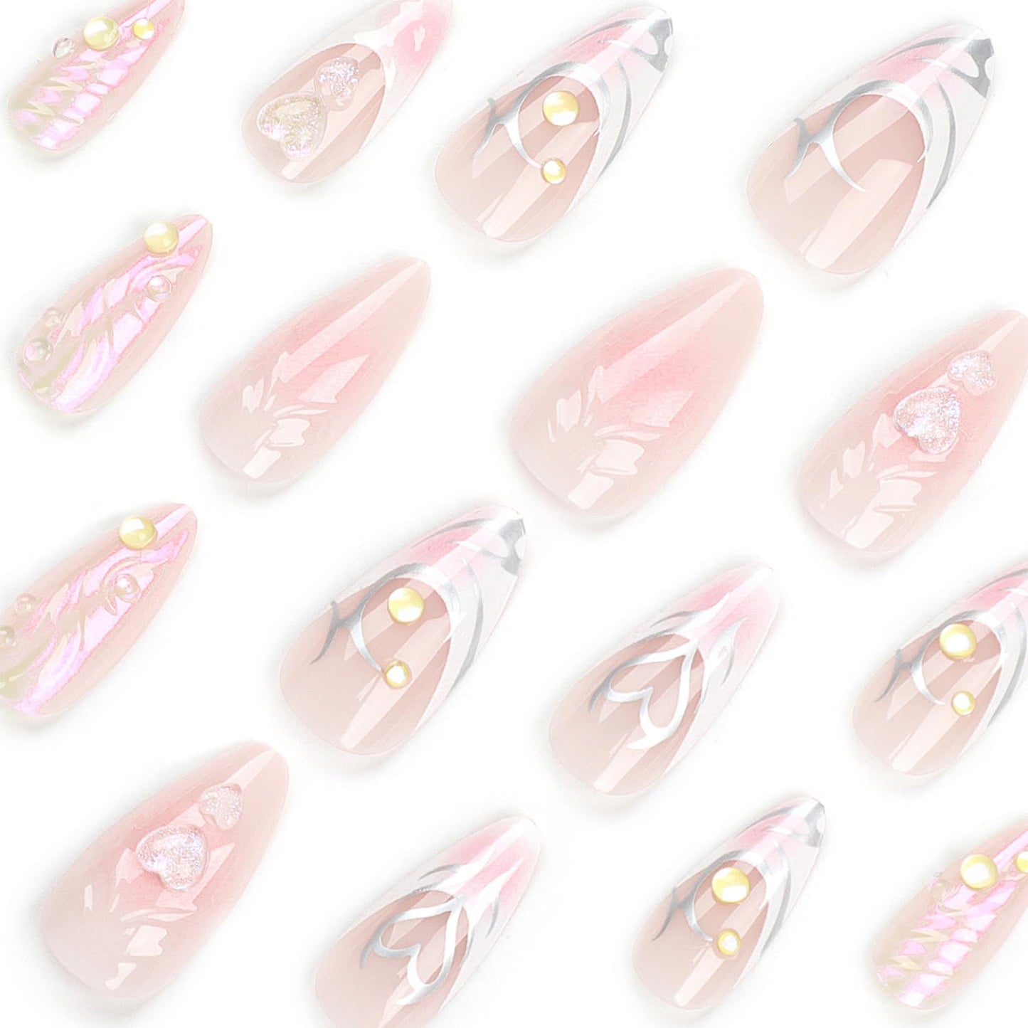 24Pcs French Tip Press on Nails Almond Shaped Fake Nails with Sparkling Heart & Mermaid Bubble Beads Design Full Cover Acrylic False Nails Medium Length Nails Finger Nail Set for Women