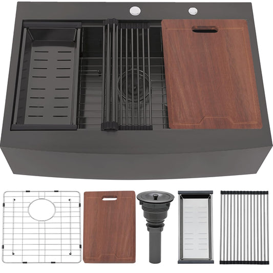 VC CUCINE 33x22 Inch Drop In Gunmetal Black Farmhouse Sink, 16 Gauge Stainless Steel Single Bowl Apron Front Workstation Farm Sink With Accessories