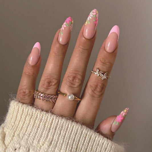 Pink French tips Press on Nails Medium Almond Fake Nails with Design Pink Flower Glue on Nails Glossy Daisy Fall Nails Reusable Summer False Nails for Women Girls Manicure 24pcs