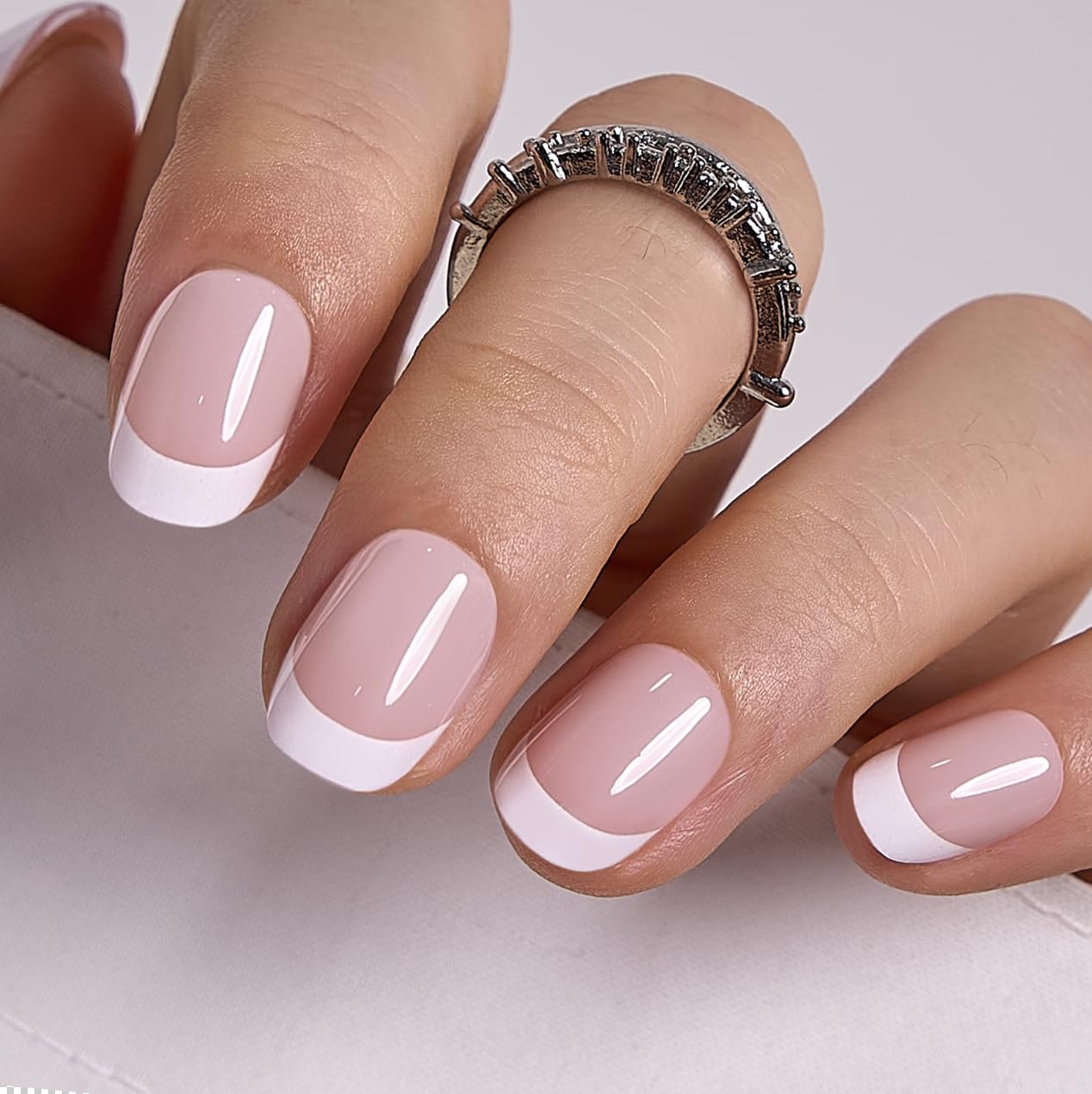 CurvLife Oval French Tip Press On Nails Extra Short – Soft Gel Fake Nails, Reusable Glue On Nail Kit with Adhesive Tabs, Natural Fit & Salon-Quality for Women & Girls (Classic Touch)
