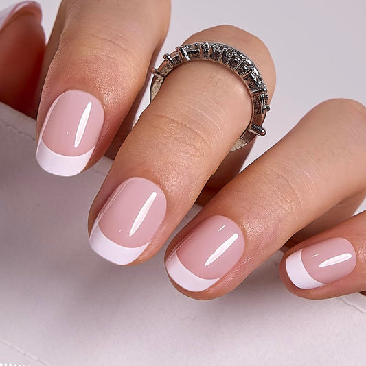 CurvLife Oval French Tip Press On Nails Extra Short – Soft Gel Fake Nails, Reusable Glue On Nail Kit with Adhesive Tabs, Natural Fit & Salon-Quality for Women & Girls (Classic Touch)