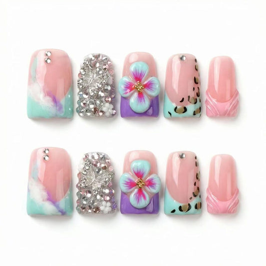 MikaJayboo Handmade Duck Medium Press on Nails Colorful Gradient Fake Nails with 3D Flower Leopard Print for Women Glue on Nails for Daily Party10Pcs(Size M)