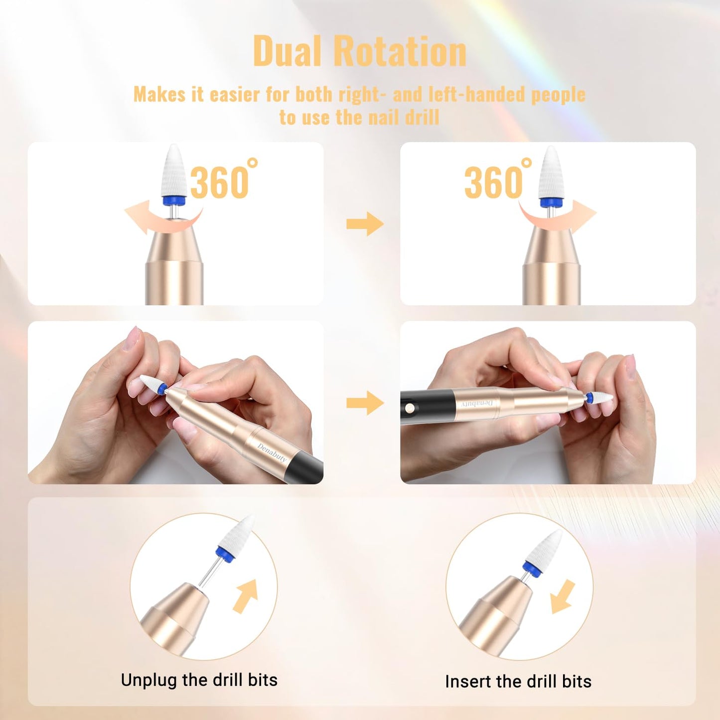 Denabuty Cordless Electric Nail Drill File: 35000RPM Professional Nail Drill Machine with UV LED Nail Lamp Charging Base, Manicure Pedicure Kit E File for Acrylic Gel Dip Powder Polish Black