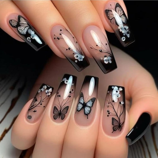 Medium Press on Nails Ballerina Square Dark Gradient Butterfly Flowers Design Fake Nails Press ons Ombre Acrylic False Nails Glue on Nails Reusable Nail Tips Full Cover Stick on Nails for Women 24Pcs