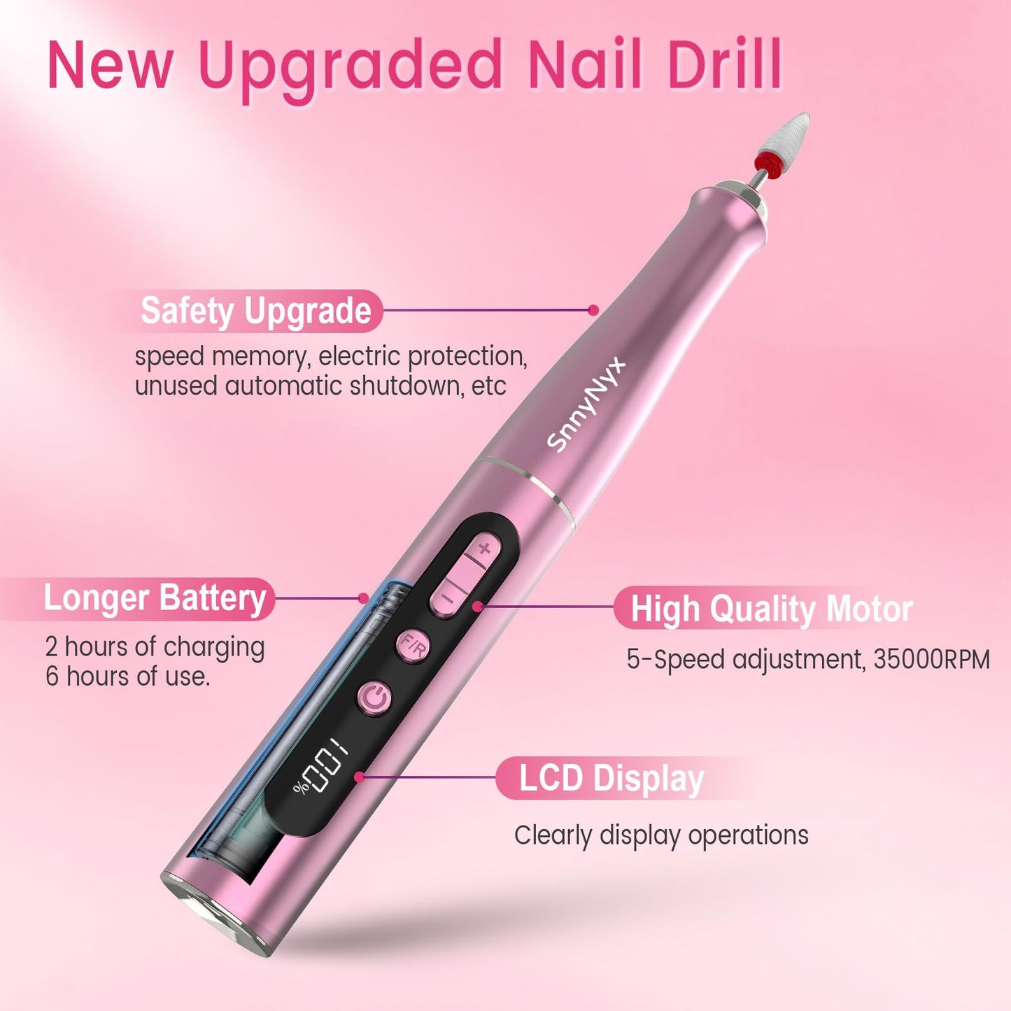 SnnyNyx Electric Nail Drill Professional, 35000RPM Cordless Acrylic Nail Kit for Nail Polish Remover, Nail Filer Electric Manicure and Pedicure kit (Rose Pink)