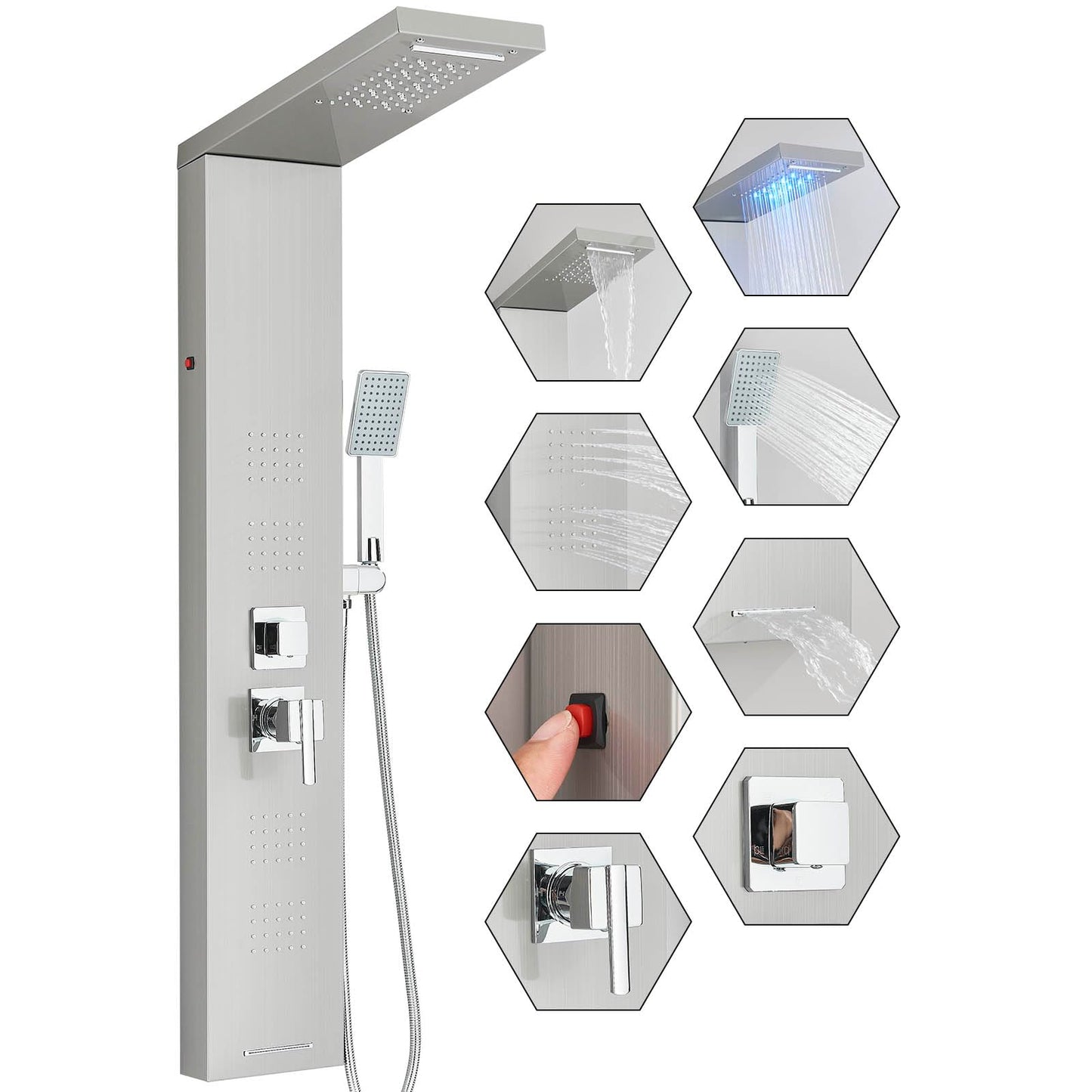 FUZ Shower Panel Tower System, Stainless Steel 5 IN 1 Shower Panel System with LED Fancy Rain Shower Head and Handheld, Adujstable Rainfall Massage Body Jets and Tub Spout, Brushed Nickel Shower Tower