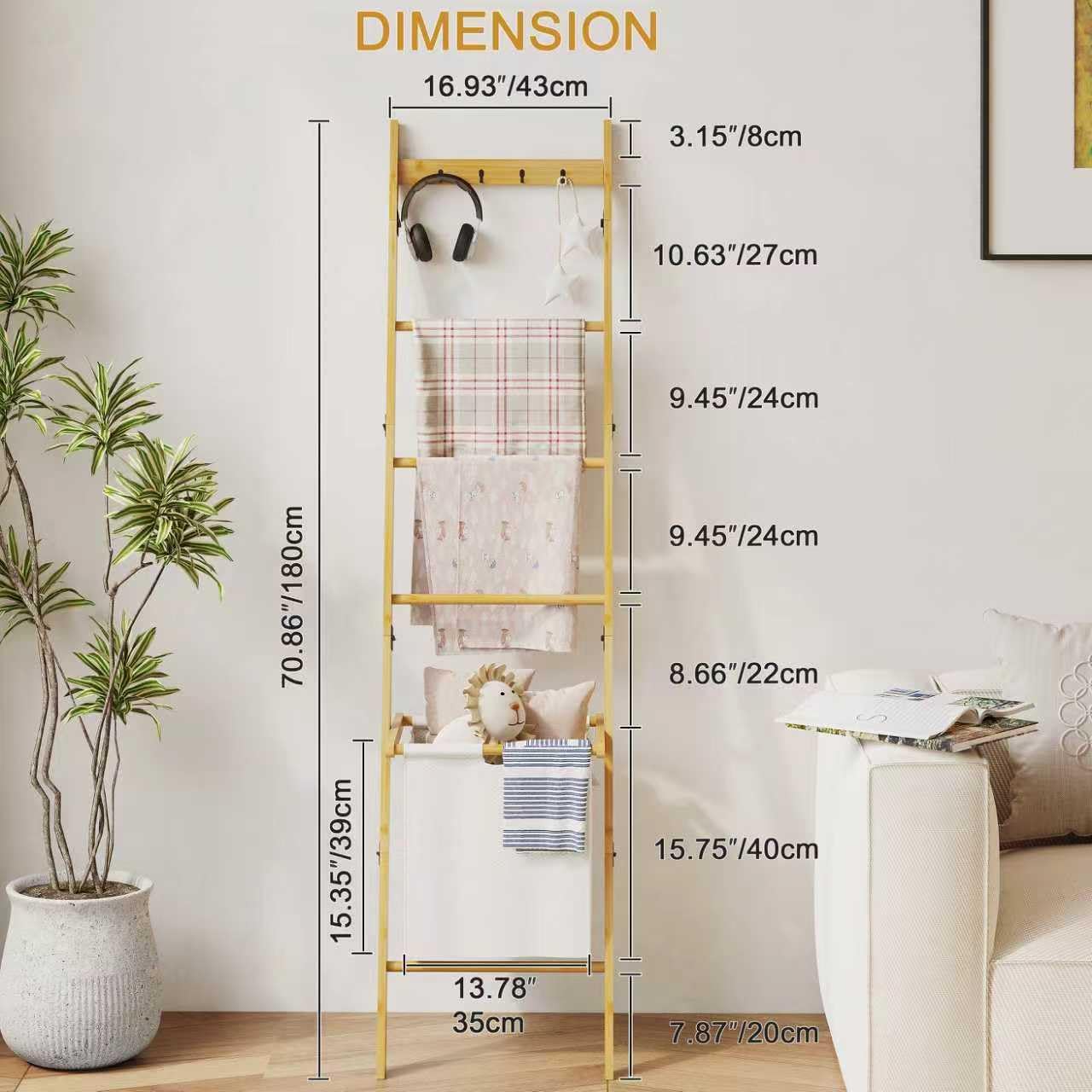 BAMBANG Bamboo Blanket Ladder with Basket, 5-Tier Quilt Rack Stand with 4 Hooks & Storage Hamper for Living Room Bathroom, Wall Leaning Decorative Ladder Shelf for Blankets Display (Natural)