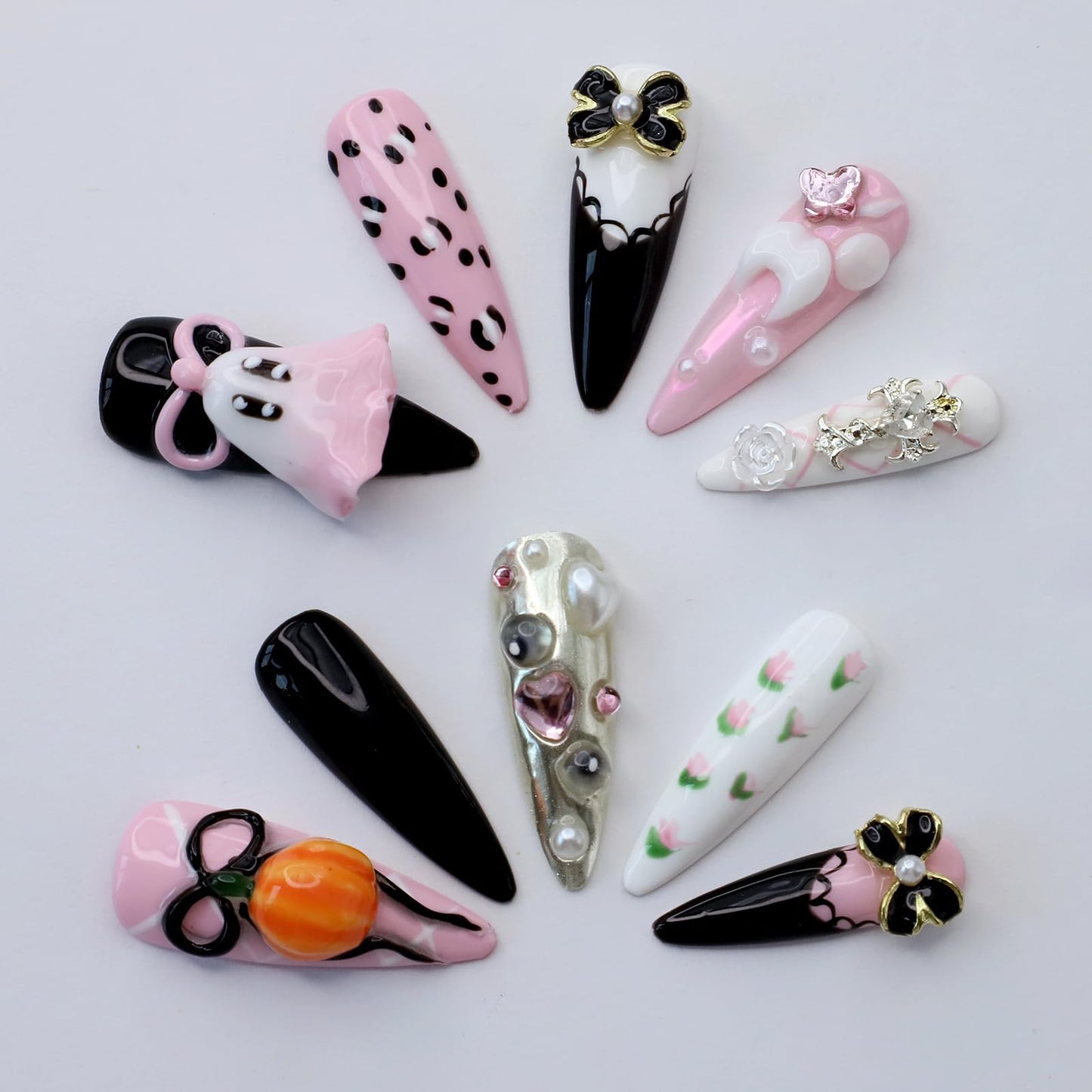 10Pcs Handmade Halloween Press on Nails Long Stiletto Fake Nails with Bow Rhinestone Pearl Design 3D Ghost Pumpkin False Nails Cute Halloween Acrylic Nails French Tip Stick on Nail for Women (S)